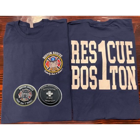 Boston Fire Rescue 1 Combo Short-Sleeve Tee & Challenge Coin